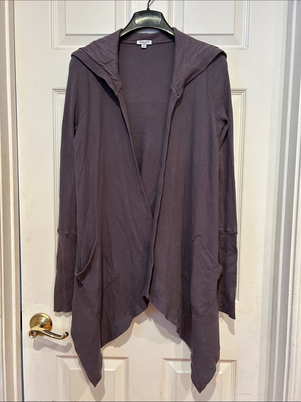 Splendid Hooded Open Front Cardigan in Plum